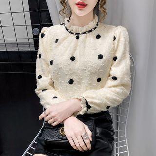 Long-sleeve Dotted Mock-neck Lace Top