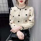 Long-sleeve Dotted Mock-neck Lace Top