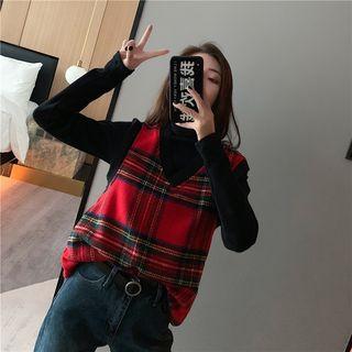 Plain Turtle-neck Long-sleeve Slim-fit Top / Plaid Knit Vest