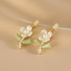Faux Pearl Flower Drop Earring 1 Pair - White & Green & Gold - One Size