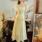 Puff-sleeve Scoop-neck Midi A-line Dress