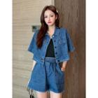 Set: Short-sleeve Denim Jacket + Band-waist Wide-leg Shorts