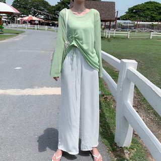 Drawstring Knit Top / Chiffon Wide-leg Pants