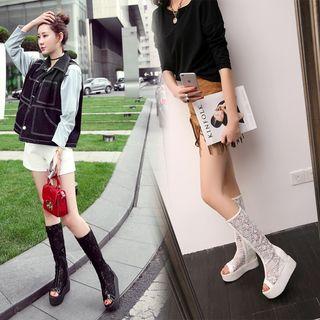 Peep Toe Platform Lace Tall Boots