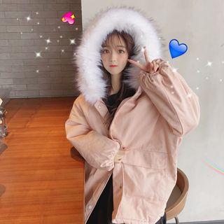 Furry-trim Hooded Buttoned Parka
