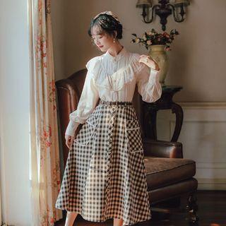 Mock-neck Plain Lace Ruffle Button-up Shirt / High-waist Plaid Pocket A-line Skirt