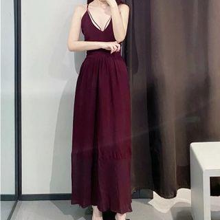 Spaghetti Strap Plunge-neck Maxi A-line Dress