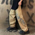 Lettering Shirred Straight-cut Pants