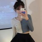 Long-sleeve Two-tone Button-up Crop Top