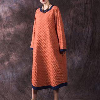Long-sleeve Quilted Midi A-line Dress Tangerine - One Size