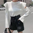 Set: Cold-shoulder Perforated Sweater + Faux Leather Drawstring Shorts
