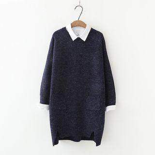 Plain Crew Neck Long Sweater Navy Blue - One Size