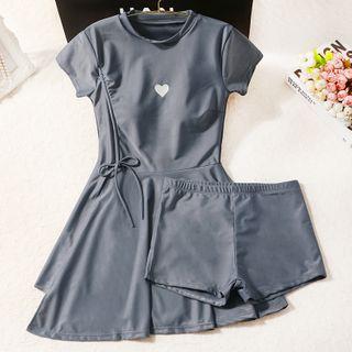 Set: Short-sleeve Heart Print Swimdress + Swim Shorts