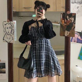 Long-sleeve Shrug / Spaghetti Strap Plaid A-line Mini Dress