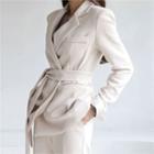 Padded-shoulder Wrap Blazer With Sash