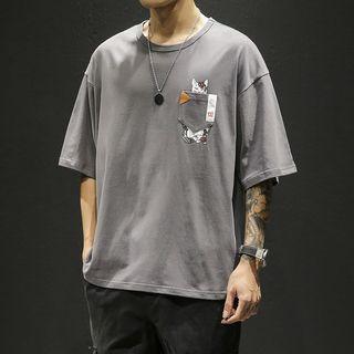 Elbow-sleeve Cat Print Pocket T-shirt