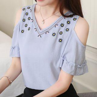 Short-sleeve V-neck Embroidered Cold Shoulder Top