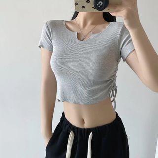 Short-sleeve Drawstring Ribbed Crop T-shirt
