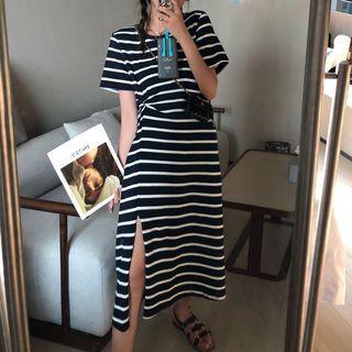 Striped Slit Midi T-shirt Dress
