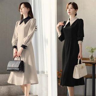 Contrast Chelsea-collar Midi Flare Dress