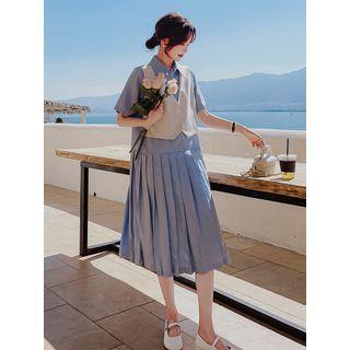 Short-sleeve Henley Mock Two-piece Midi Shirt Dress