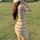 Short-sleeve Striped Mini Knit Dress Stripe - Multicolor - One Size