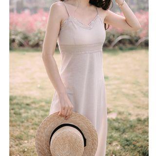 Lace Trim Slipdress / Rhinestone Flower Embroidered Midi Suspender Skirt