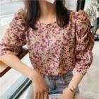 Floral Print 3/4-sleeve Chiffon Blouse As Shown In Figure - One Size
