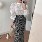 Puff-sleeve Lace Panel Blouse / Floral Print Midi A-line Skirt