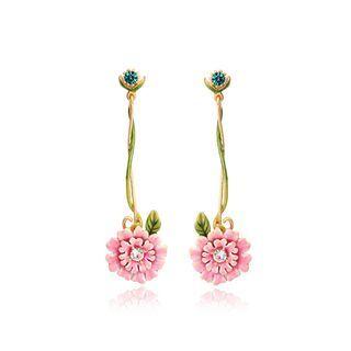 Fashion And Elegant Plated Gold Enamel Pink Flower Long Earrings With Cubic Zirconia Golden - One Size