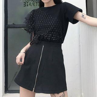 Short-sleeve Mesh Paneled T-shirt / A-line Zip Mini Skirt / Set