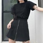 Short-sleeve Mesh Paneled T-shirt / A-line Zip Mini Skirt / Set
