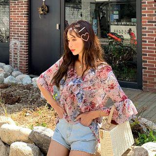 Beribboned Frill-trim Floral Chiffon Top