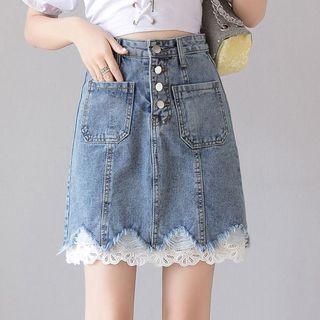 Lace Hem Denim A-line Skirt