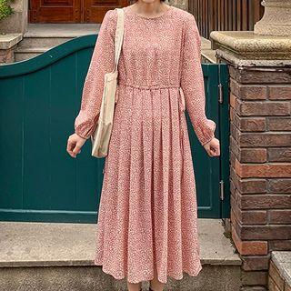 Floral Print Long-sleeve A-line Midi Dress Red Floral - Beige - One Size