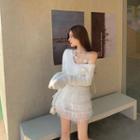 V-neck Lace Trim Sweater / Layered Mini A-line Skirt