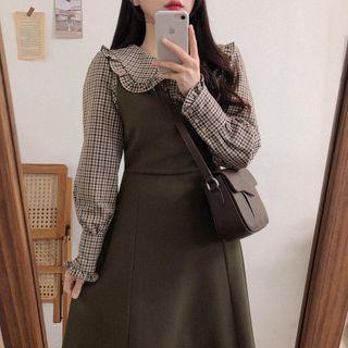 Ruffle Trim Plaid Blouse / Plain Midi A-line Overall Dress