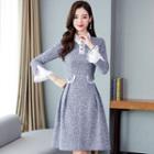 Faux Pearl Button Bell-sleeve A-line Tweed Dress