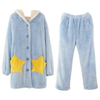 Loungewear Set: Hooded Star Accent Robe + Pants Blue - One Size