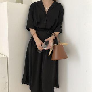 Tie Waist Elbow-sleeve Midi Collared Dress