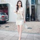 Long-sleeve Tie Neck Blouse / Embellished Mini Fitted Skirt