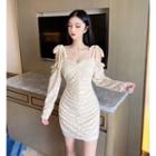 Cold-shoulder Long-sleeve Mini Lace Sheath Dress