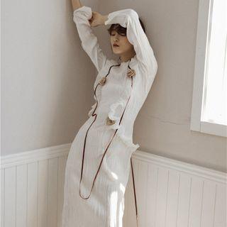 Color-block Trim Ruffled-trim Long-sleeve Dress