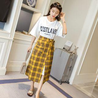 Set: Short-sleeve T-shirt + Midi Plaid Skirt
