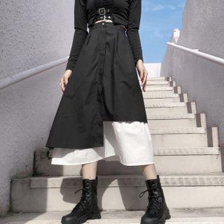 High Waist Layered Two Tone A-line Skirt Black - One Size