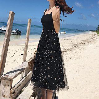 Sleeveless Star Patterned Mesh A-line Midi Dress