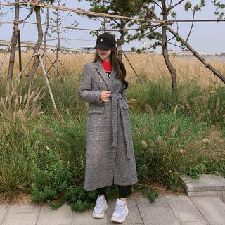 Peaked-lapel Glen-plaid Coat With Sash Black - One Size