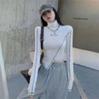 Long-sleeve Turtleneck Lettering Asymmetrical Cropped T-shirt