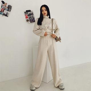 Set: High-neck Multi-way Knit Top + Wide-leg Pants