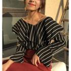 V-neck Frilled Bell-sleeve Stripe Top